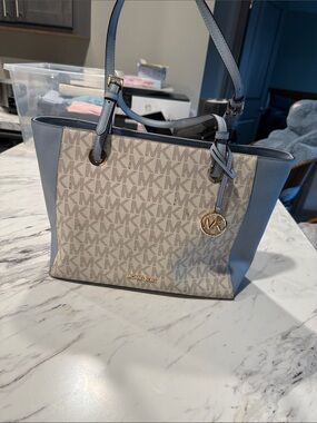 Michael Kors Beige MK Logo Tote with Light Blue Trim